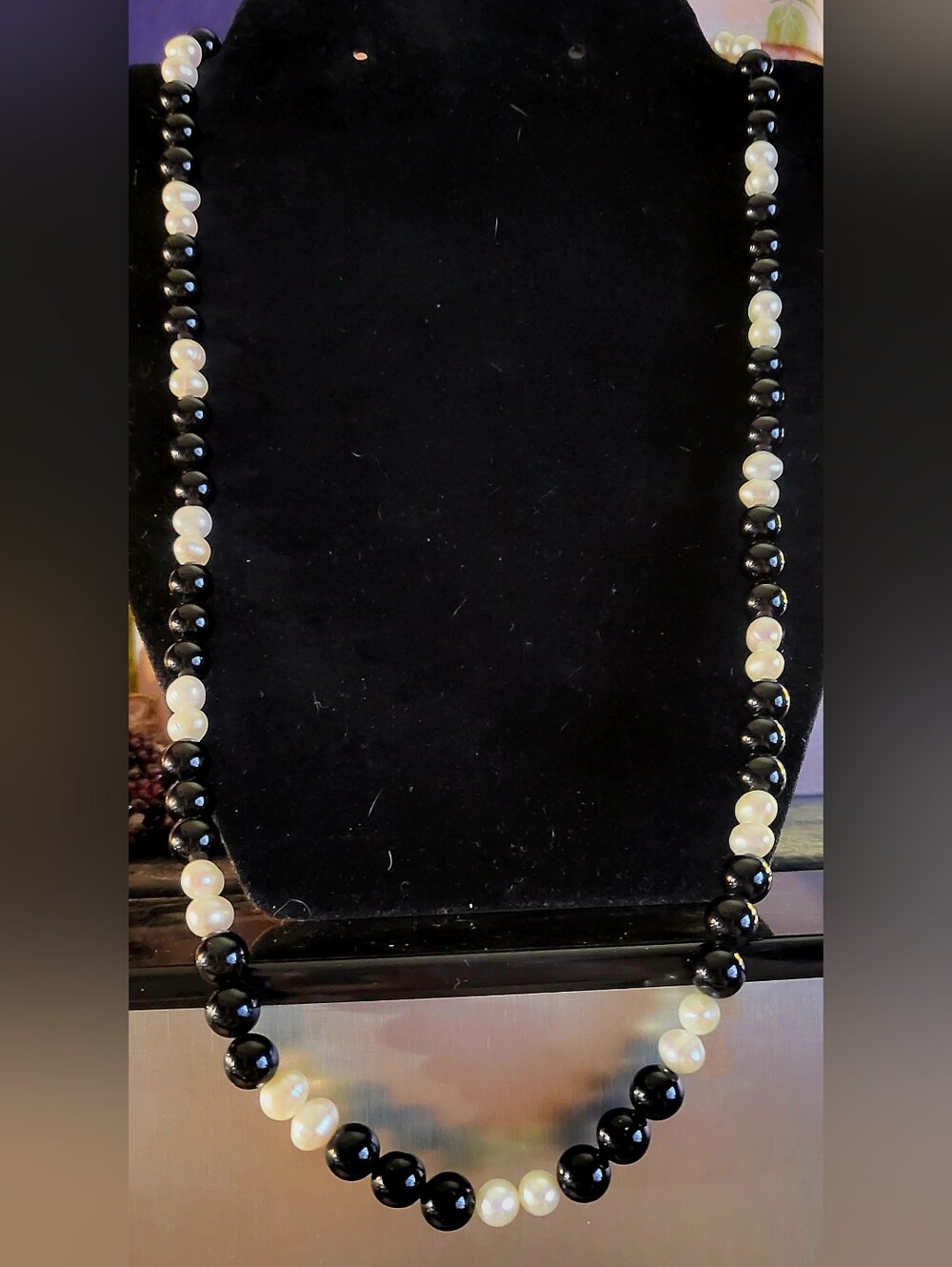 24" Genuine Black Onyx & Cultured Freshwater Pearl Strand Necklace